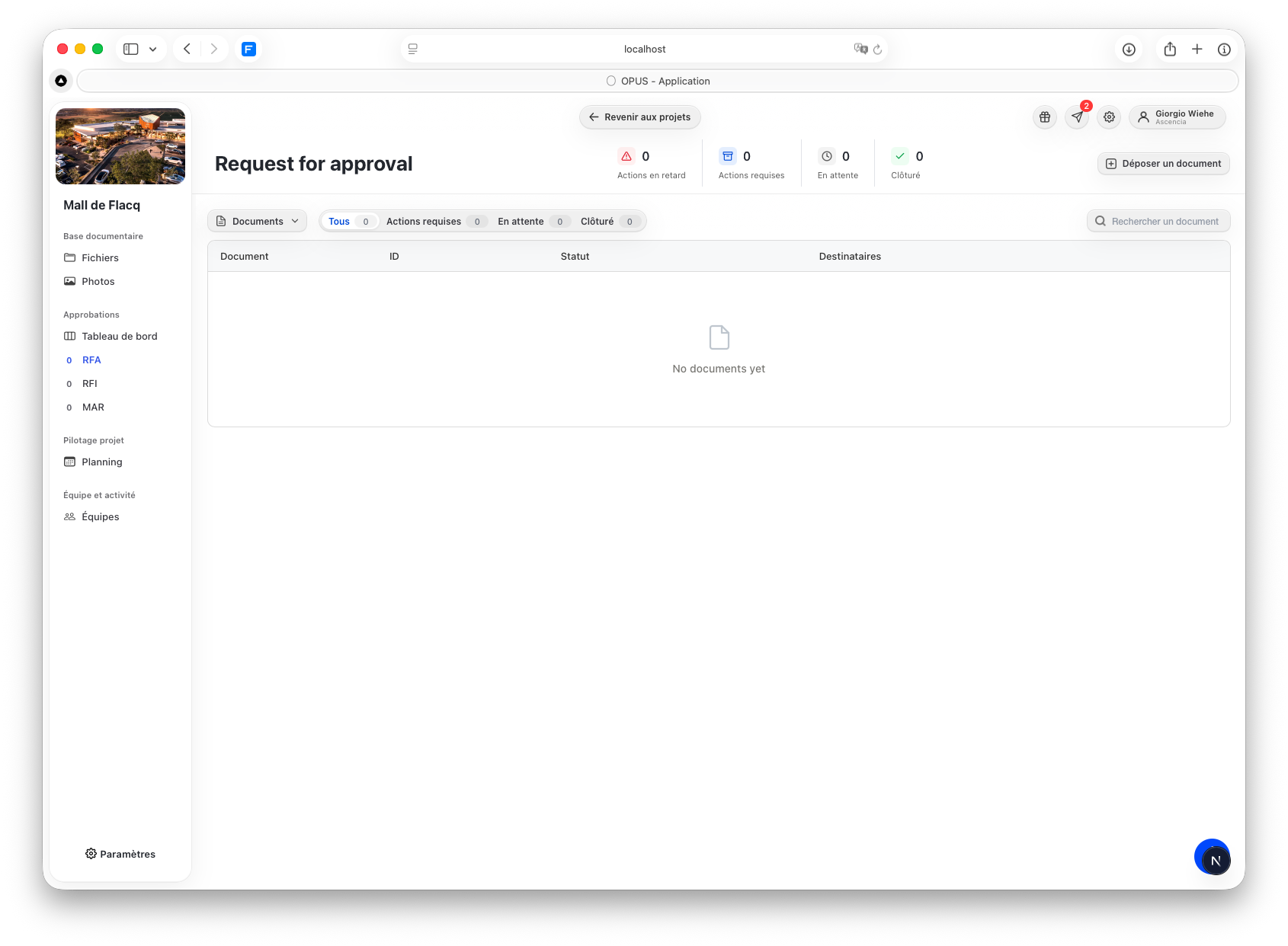 The RFA circuit page on the Mall de Flacq project. The left navigation lists RFA, RFI and MAR under Approbations; the document submission button sits in the top right.