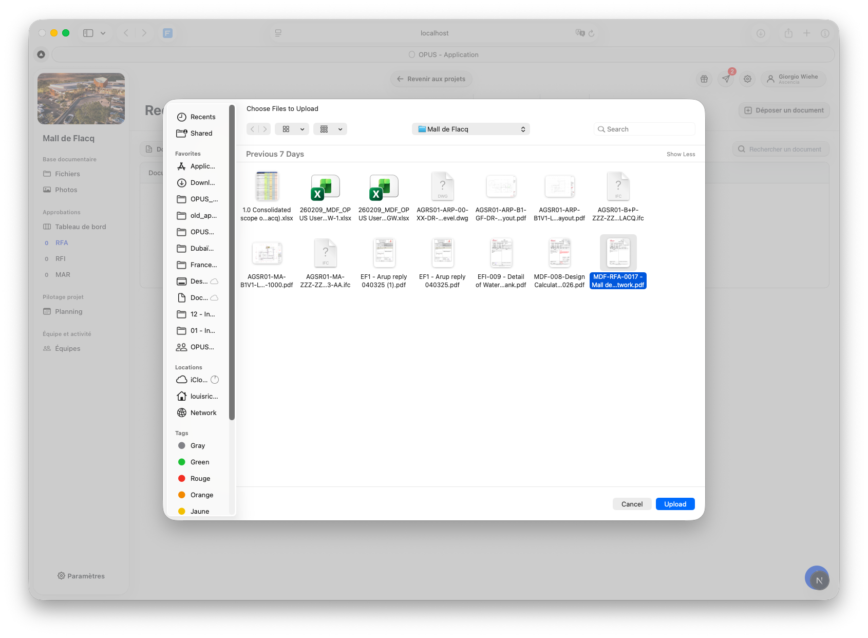 The macOS file browser opens on top of the RFA circuit page. The user is selecting a PDF named MDF-RFA-0017 from the Mall de Flacq folder before clicking Upload.
