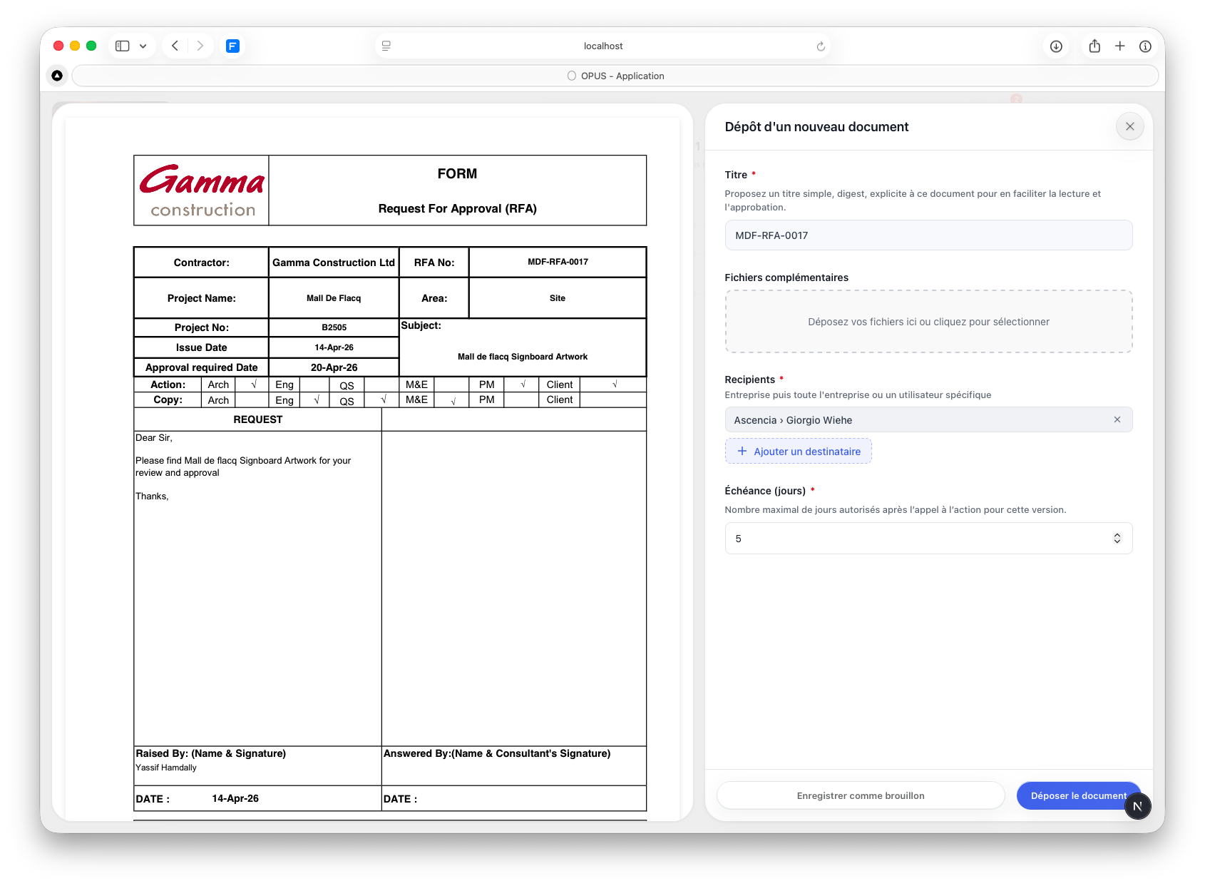The submission panel opens on the right of the screen, with the document preview on the left. Visible fields: Titre pre-filled with MDF-RFA-0017, Fichiers complémentaires drop zone, Recipients showing Ascencia > Giorgio Wiehe with an Ajouter un destinataire button, Échéance set to 5 days. Buttons at the bottom: Enregistrer comme brouillon and Déposer le document.