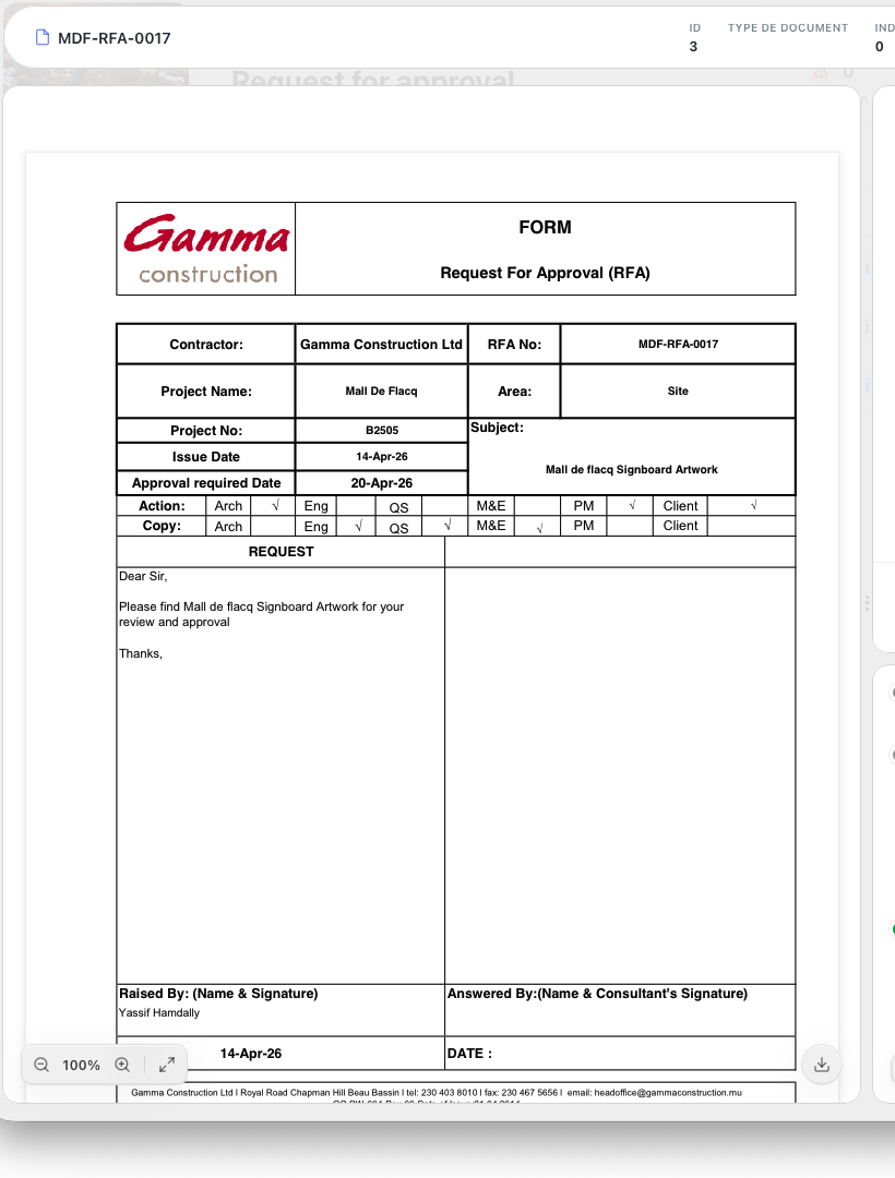 The document preview pane on the left of the response screen, showing the RFA form for MDF-RFA-0017 with a zoom control at the bottom.