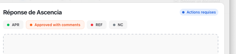 The top of the response panel, titled Réponse de Ascencia, with four status pills: APR (green), Approved with comments (orange, currently selected), REF (red), NC (gray). An Actions requises badge sits at the top right.