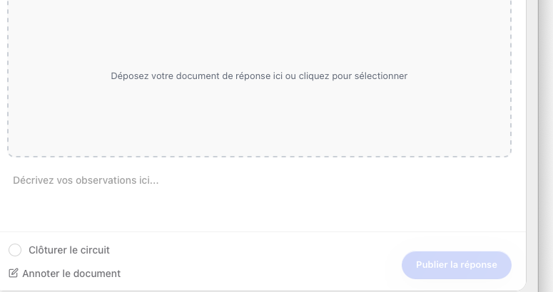 The middle of the response panel: a dashed drop zone labelled 'Déposez votre document de réponse ici ou cliquez pour sélectionner', a 'Décrivez vos observations ici…' text field below, and a Clôturer le circuit checkbox with an Annoter le document link below that.